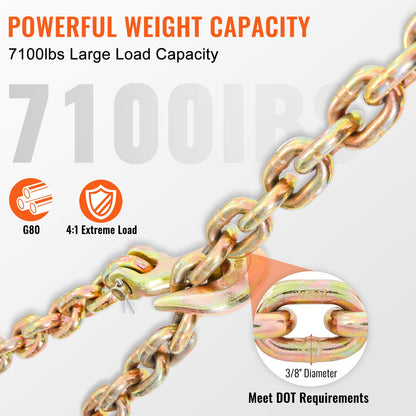 Transport Binder Chain, 220 kg Working Load Limit, 3/8'' x 20' G80 Tow Chain Tie Down with Grab Hooks, DOT Certified, Galvanized Coating Manganese Steel for Dock Factory Construction Site - Image 3