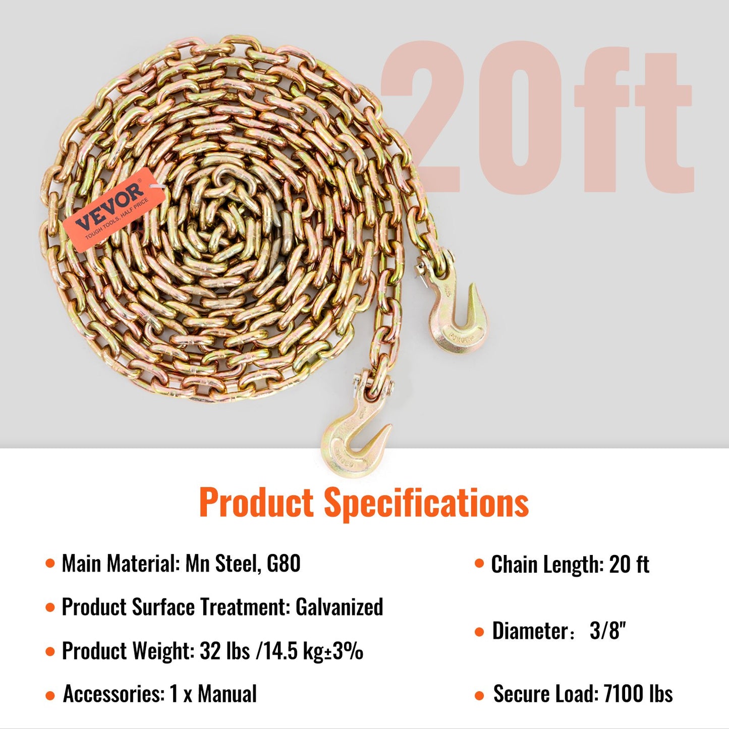 Transport Binder Chain, 220 kg Working Load Limit, 3/8'' x 20' G80 Tow Chain Tie Down with Grab Hooks, DOT Certified, Galvanized Coating Manganese Steel for Dock Factory Construction Site - Image 7