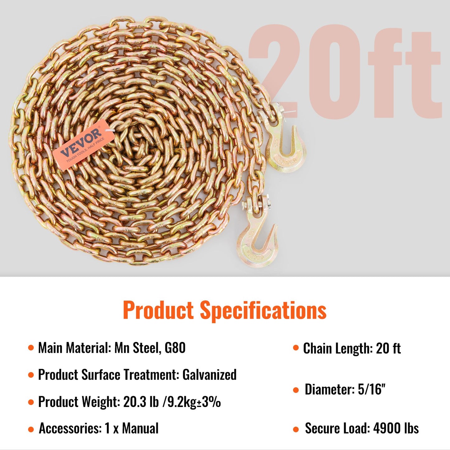 Transport Binder Chain, 2222 kg Working Load Limit, G80 Tow Chain Tie Down with Grab Hooks, DOT Certified, Galvanized Coating Manganese Steel for Dock Factory Construction Site - Image 7