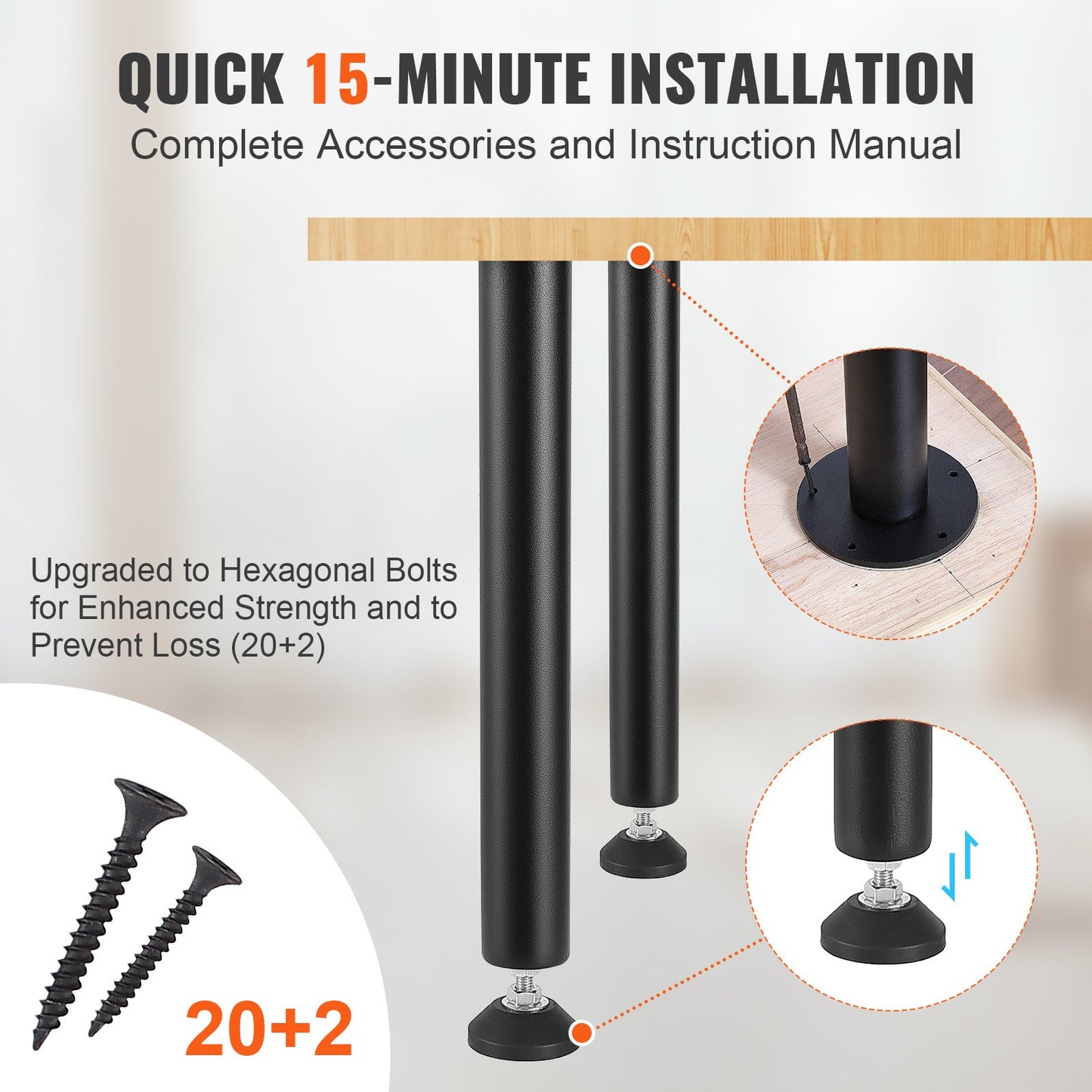 406.4MM Adjustable Desk Legs, Reinforced Steel Office Table Furniture legs Set of 4 for DIY, 1200 lbs Load Capacity Heavy Duty Desk Legs, Quick Instalation Legs with Adjustable Foot Cup Black - Image 6