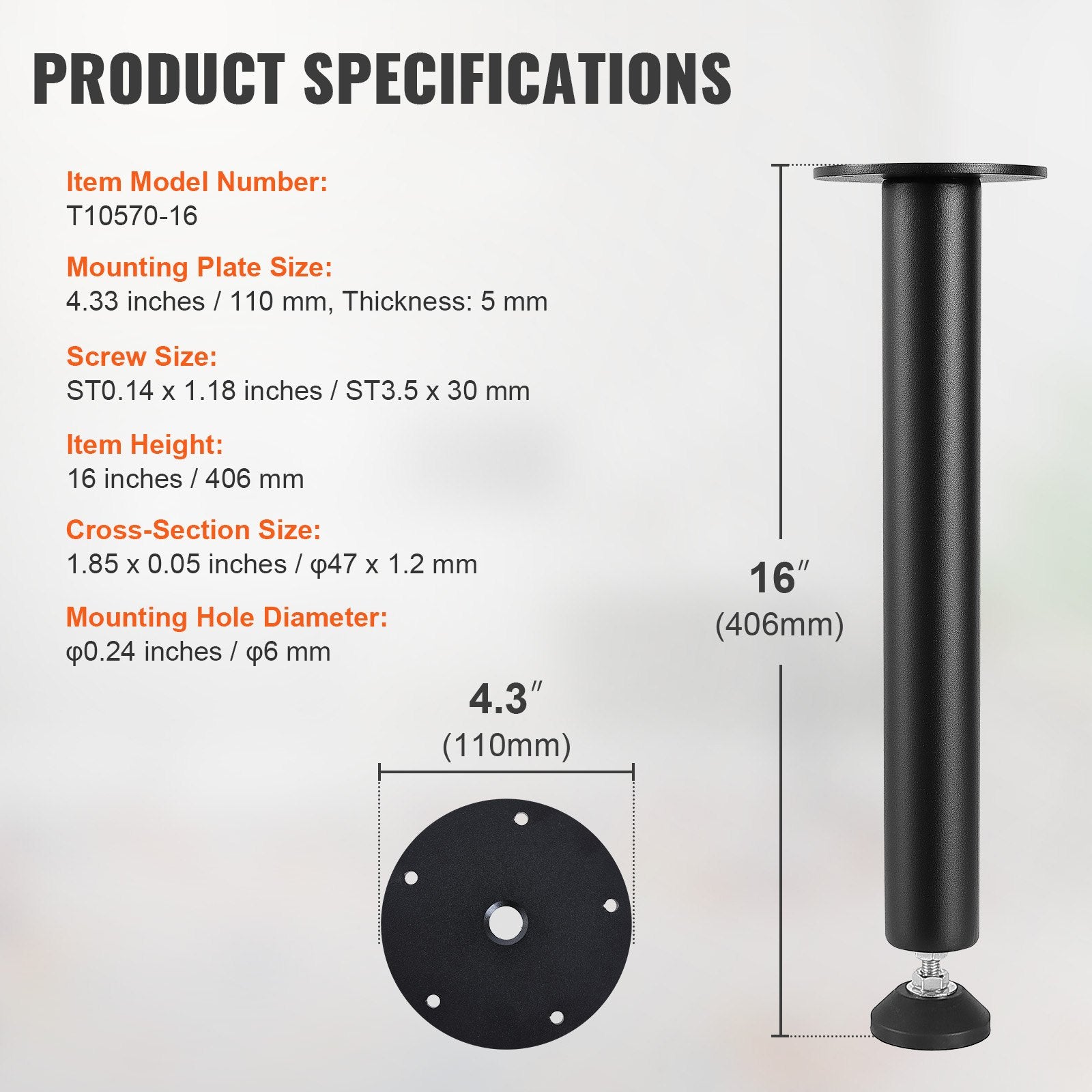 406.4MM Adjustable Desk Legs, Reinforced Steel Office Table Furniture legs Set of 4 for DIY, 1200 lbs Load Capacity Heavy Duty Desk Legs, Quick Instalation Legs with Adjustable Foot Cup Black - Image 7