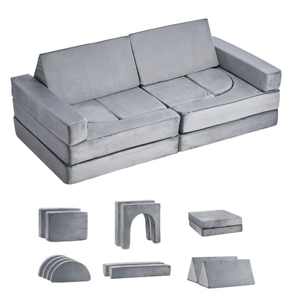 Modular Kids Play Couch, Sectional Toddler Sofa with Armrests, 28D Sponge & Short Pile, Convertible Kids Modular Couch DIY Creative Combination for Playroom, Bedroom, Living Room, 14 Pcs, Gray