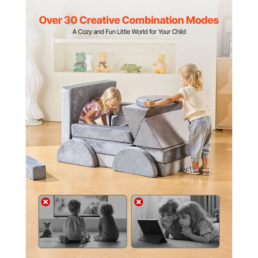 Modular Kids Play Couch, Sectional Toddler Sofa with Armrests, 28D Sponge & Short Pile, Convertible Kids Modular Couch DIY Creative Combination for Playroom, Bedroom, Living Room, 14 Pcs, Gray - Image 2