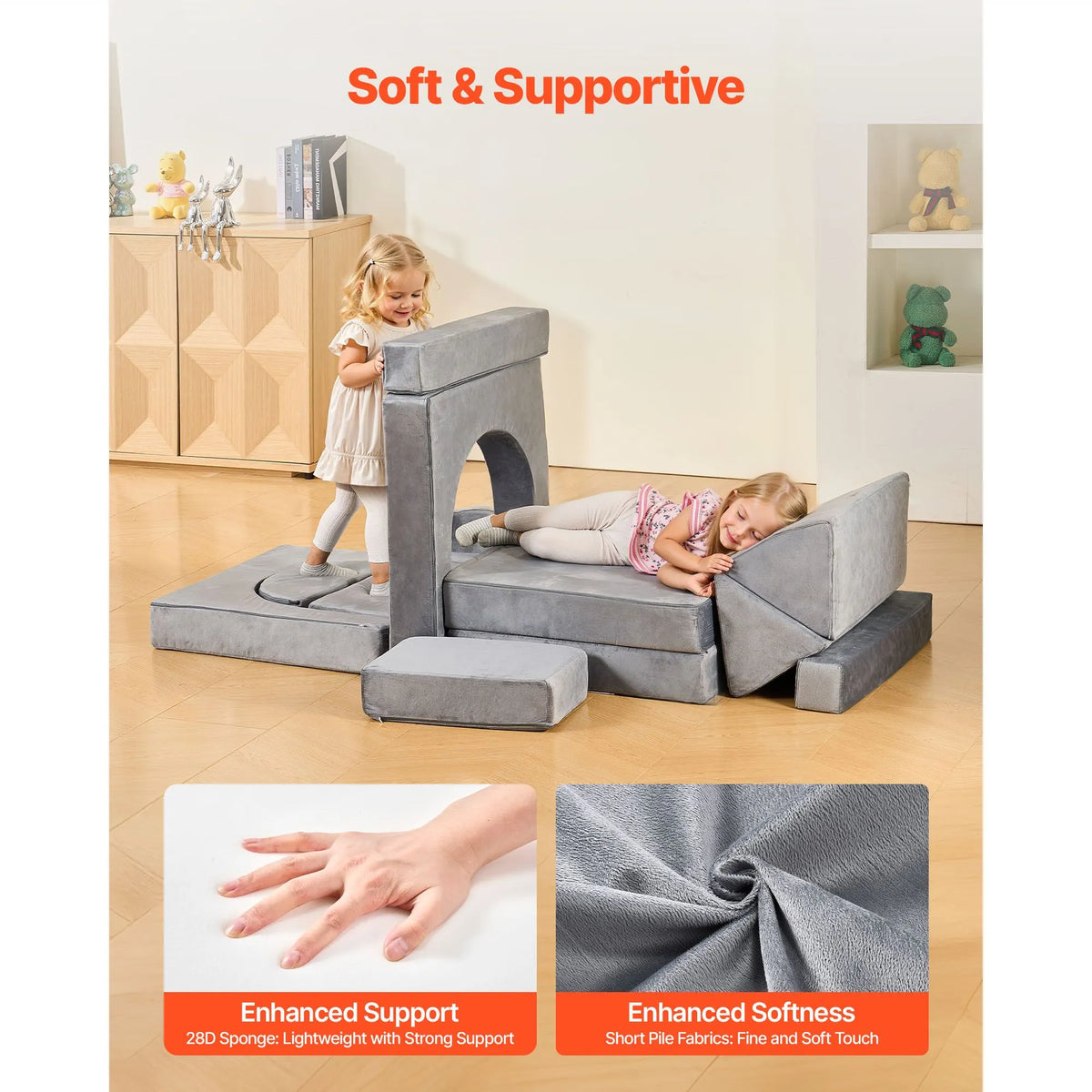 Modular Kids Play Couch, Sectional Toddler Sofa with Armrests, 28D Sponge & Short Pile, Convertible Kids Modular Couch DIY Creative Combination for Playroom, Bedroom, Living Room, 14 Pcs, Gray - Image 5