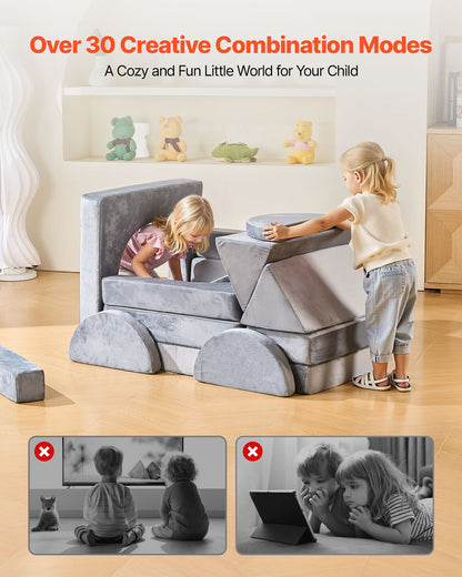 Modular Kids Play Couch, Sectional Toddler Sofa with Armrests, 28D Sponge & Short Pile, Convertible Kids Modular Couch DIY Creative Combination for Playroom, Bedroom, Living Room, 14 Pcs, Gray - Image 2
