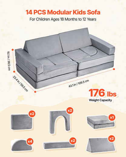 Modular Kids Play Couch, Sectional Toddler Sofa with Armrests, 28D Sponge & Short Pile, Convertible Kids Modular Couch DIY Creative Combination for Playroom, Bedroom, Living Room, 14 Pcs, Gray - Image 3