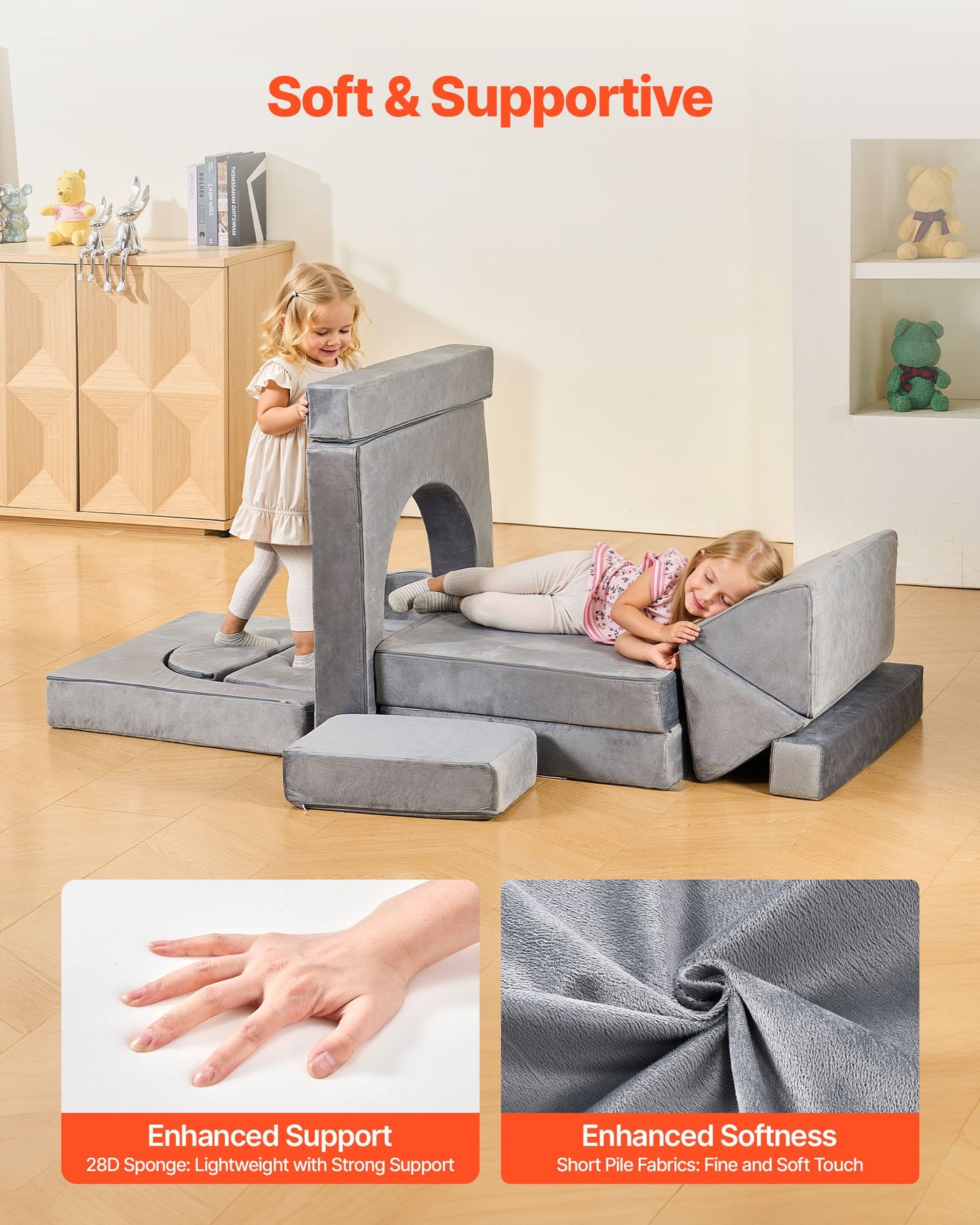 Modular Kids Play Couch, Sectional Toddler Sofa with Armrests, 28D Sponge & Short Pile, Convertible Kids Modular Couch DIY Creative Combination for Playroom, Bedroom, Living Room, 14 Pcs, Gray - Image 5