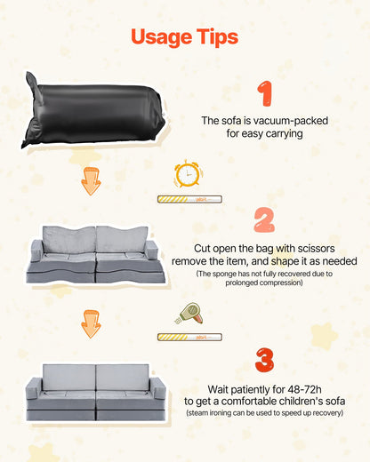 Modular Kids Play Couch, Sectional Toddler Sofa with Armrests, 28D Sponge & Short Pile, Convertible Kids Modular Couch DIY Creative Combination for Playroom, Bedroom, Living Room, 14 Pcs, Gray - Image 7