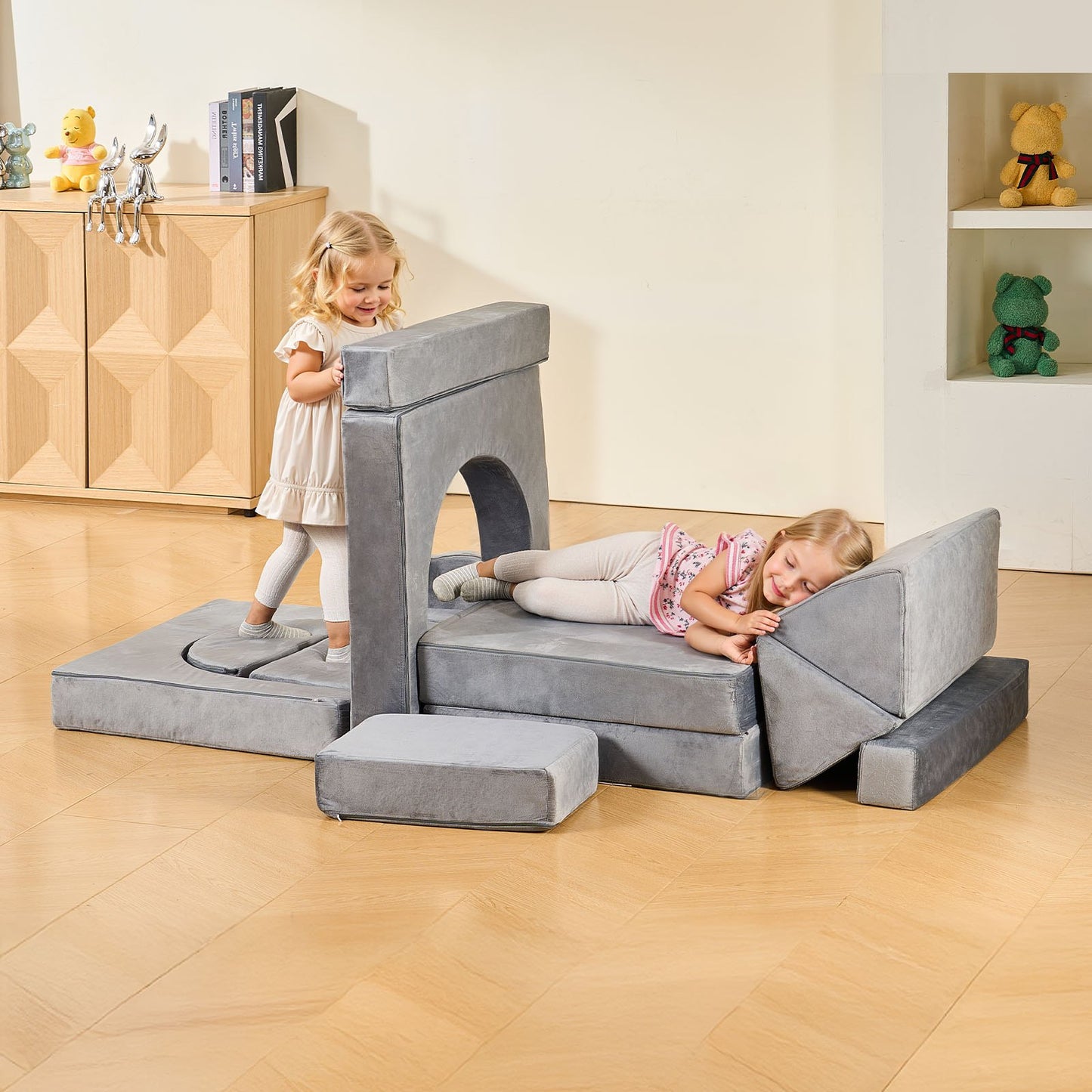 Modular Kids Play Couch, Sectional Toddler Sofa with Armrests, 28D Sponge & Short Pile, Convertible Kids Modular Couch DIY Creative Combination for Playroom, Bedroom, Living Room, 14 Pcs, Gray - Image 8