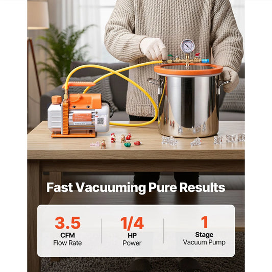 11.36 L Vacuum Chamber with Pump, 3.5 CFM 99 L/min, Single Stage Vacuum Pump, Stainless Steel Degassing Chamber Kit, Tempered Glass Lid, 1.5 m Hose, for Stabilizing Wood Degassing Silicone Resin - Image 2