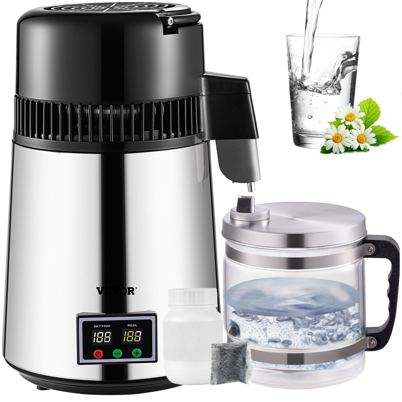 1.1 Gal Water Distiller, 0.3 Gal/H, 750W Distilled Water Maker Machine 0-99H Timing Set Temp Display, 304 Stainless Steel Countertop Distiller Glass Carafe Cleaning Powder 3 Carbon Packs, Silver