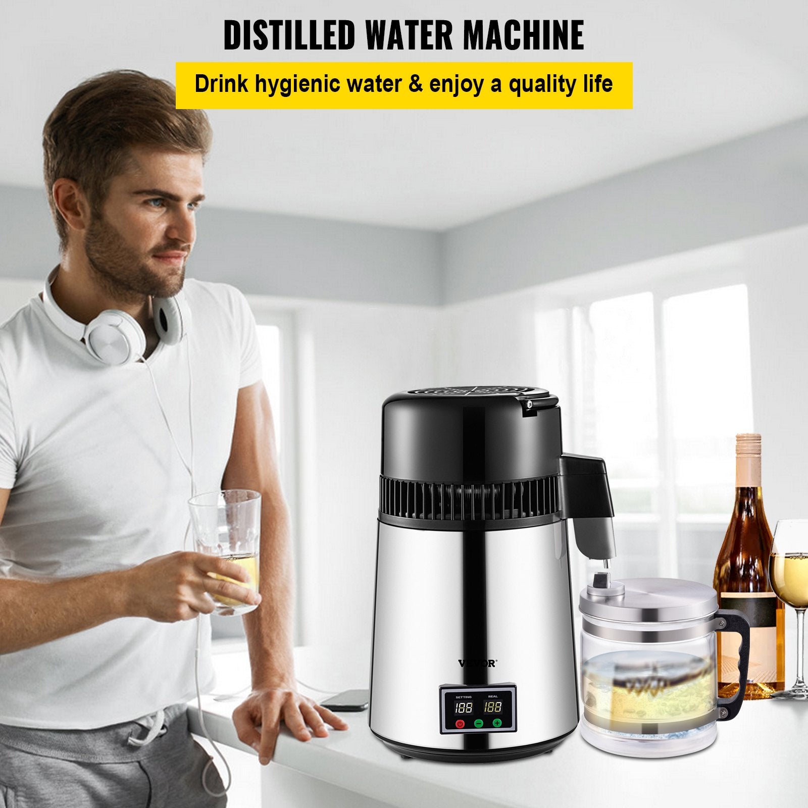 1.1 Gal Water Distiller, 0.3 Gal/H, 750W Distilled Water Maker Machine 0-99H Timing Set Temp Display, 304 Stainless Steel Countertop Distiller Glass Carafe Cleaning Powder 3 Carbon Packs, Silver - Image 2