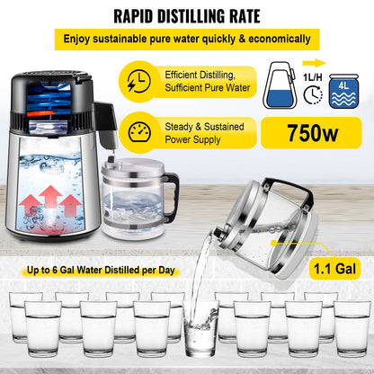 1.1 Gal Water Distiller, 0.3 Gal/H, 750W Distilled Water Maker Machine 0-99H Timing Set Temp Display, 304 Stainless Steel Countertop Distiller Glass Carafe Cleaning Powder 3 Carbon Packs, Silver - Image 3