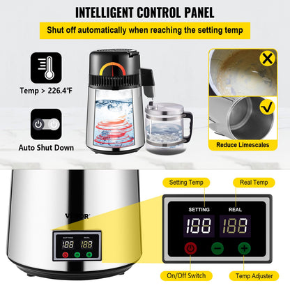 1.1 Gal Water Distiller, 0.3 Gal/H, 750W Distilled Water Maker Machine 0-99H Timing Set Temp Display, 304 Stainless Steel Countertop Distiller Glass Carafe Cleaning Powder 3 Carbon Packs, Silver - Image 4