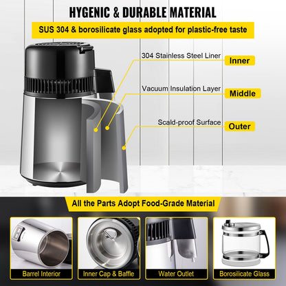 1.1 Gal Water Distiller, 0.3 Gal/H, 750W Distilled Water Maker Machine 0-99H Timing Set Temp Display, 304 Stainless Steel Countertop Distiller Glass Carafe Cleaning Powder 3 Carbon Packs, Silver - Image 5