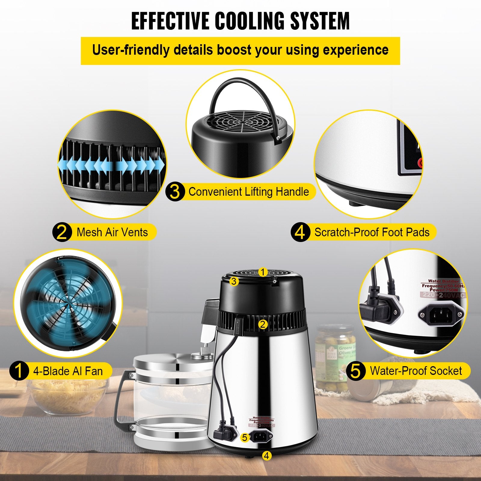 1.1 Gal Water Distiller, 0.3 Gal/H, 750W Distilled Water Maker Machine 0-99H Timing Set Temp Display, 304 Stainless Steel Countertop Distiller Glass Carafe Cleaning Powder 3 Carbon Packs, Silver - Image 6
