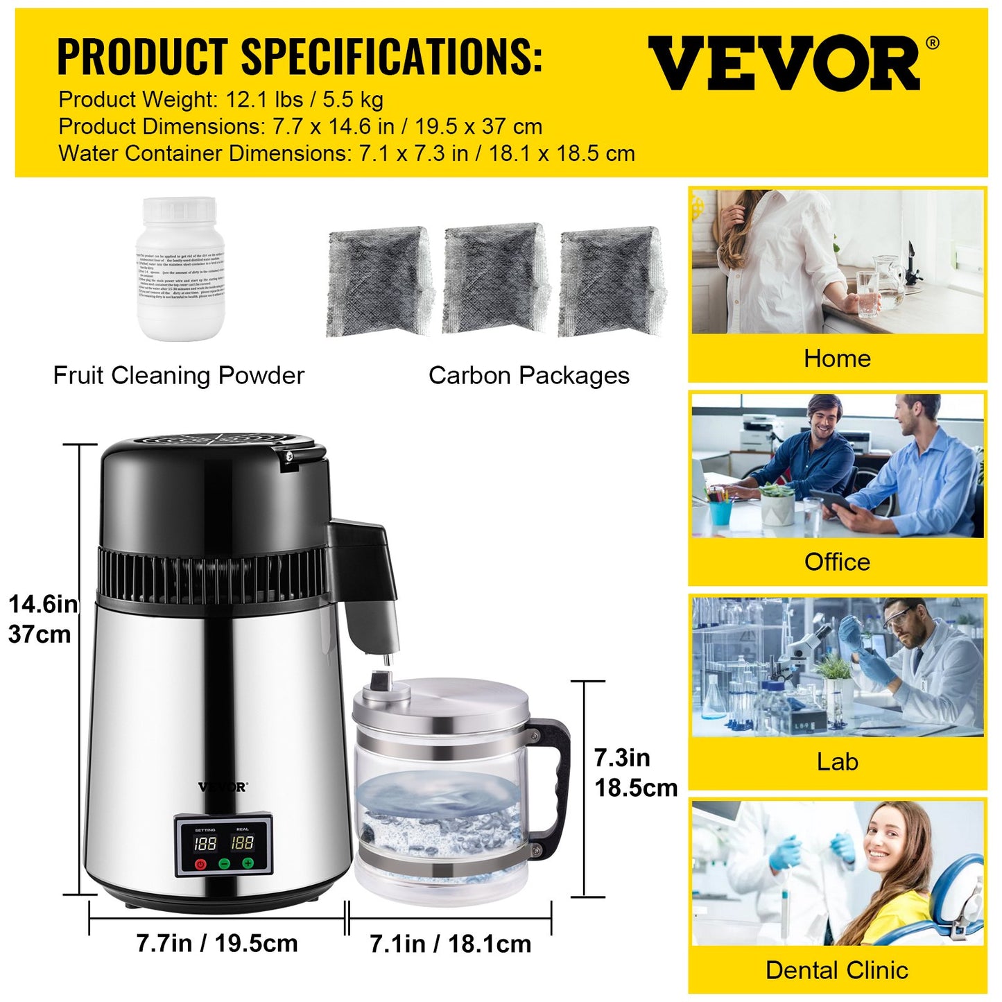 1.1 Gal Water Distiller, 0.3 Gal/H, 750W Distilled Water Maker Machine 0-99H Timing Set Temp Display, 304 Stainless Steel Countertop Distiller Glass Carafe Cleaning Powder 3 Carbon Packs, Silver - Image 7