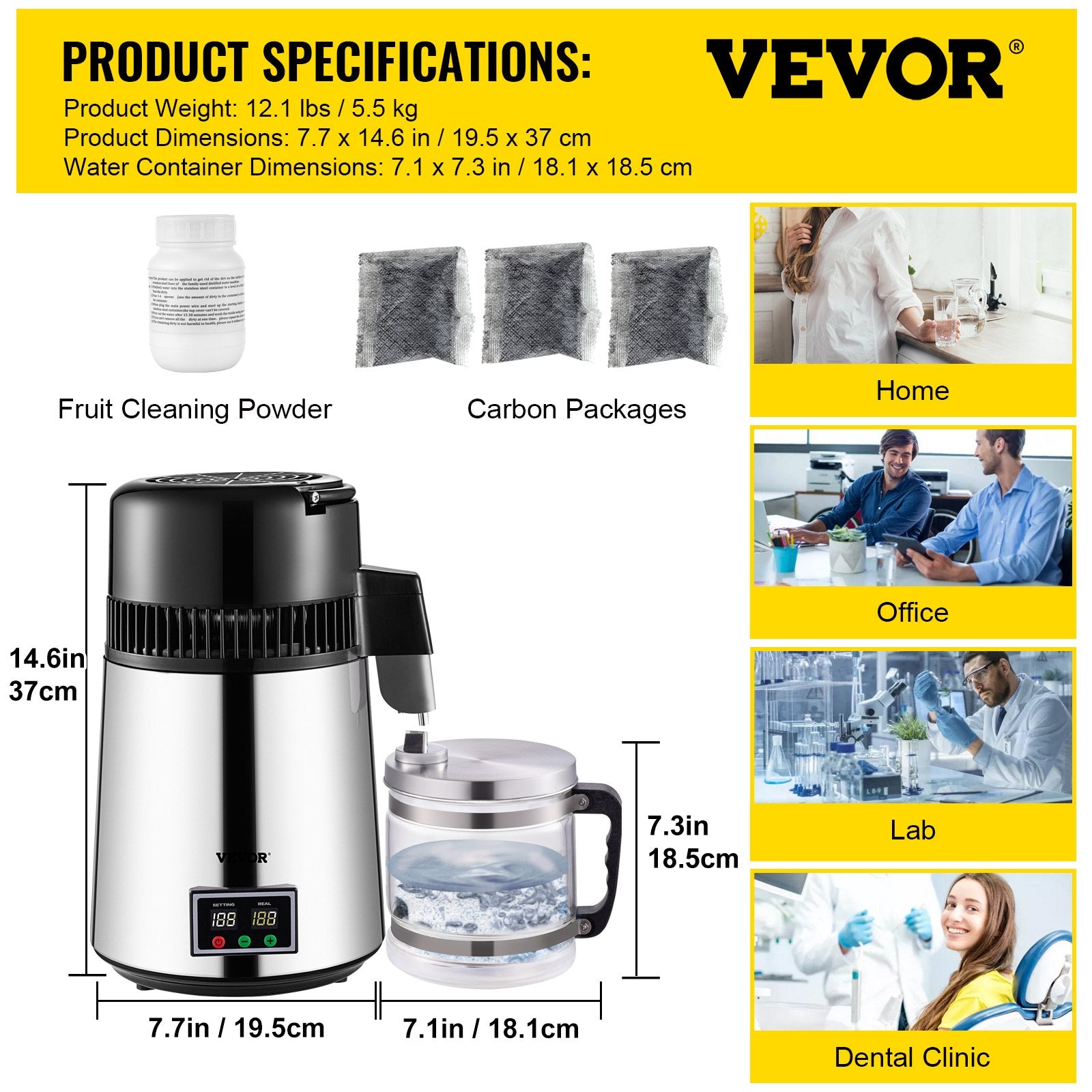 1.1 Gal Water Distiller, 0.3 Gal/H, 750W Distilled Water Maker Machine 0-99H Timing Set Temp Display, 304 Stainless Steel Countertop Distiller Glass Carafe Cleaning Powder 3 Carbon Packs, Silver - Image 7