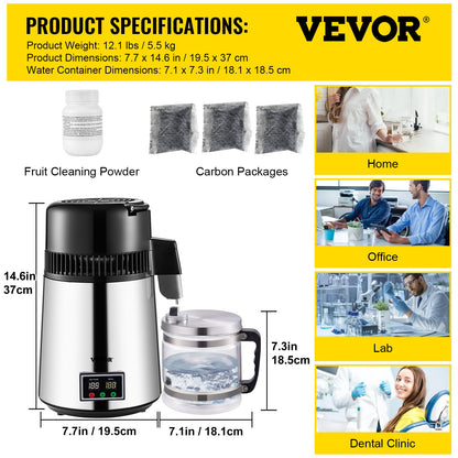 1.1 Gal Water Distiller, 0.3 Gal/H, 750W Distilled Water Maker Machine 0-99H Timing Set Temp Display, 304 Stainless Steel Countertop Distiller Glass Carafe Cleaning Powder 3 Carbon Packs, Silver - Image 7