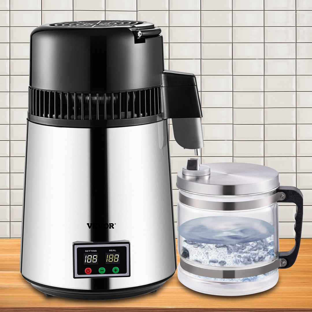 1.1 Gal Water Distiller, 0.3 Gal/H, 750W Distilled Water Maker Machine 0-99H Timing Set Temp Display, 304 Stainless Steel Countertop Distiller Glass Carafe Cleaning Powder 3 Carbon Packs, Silver - Image 8