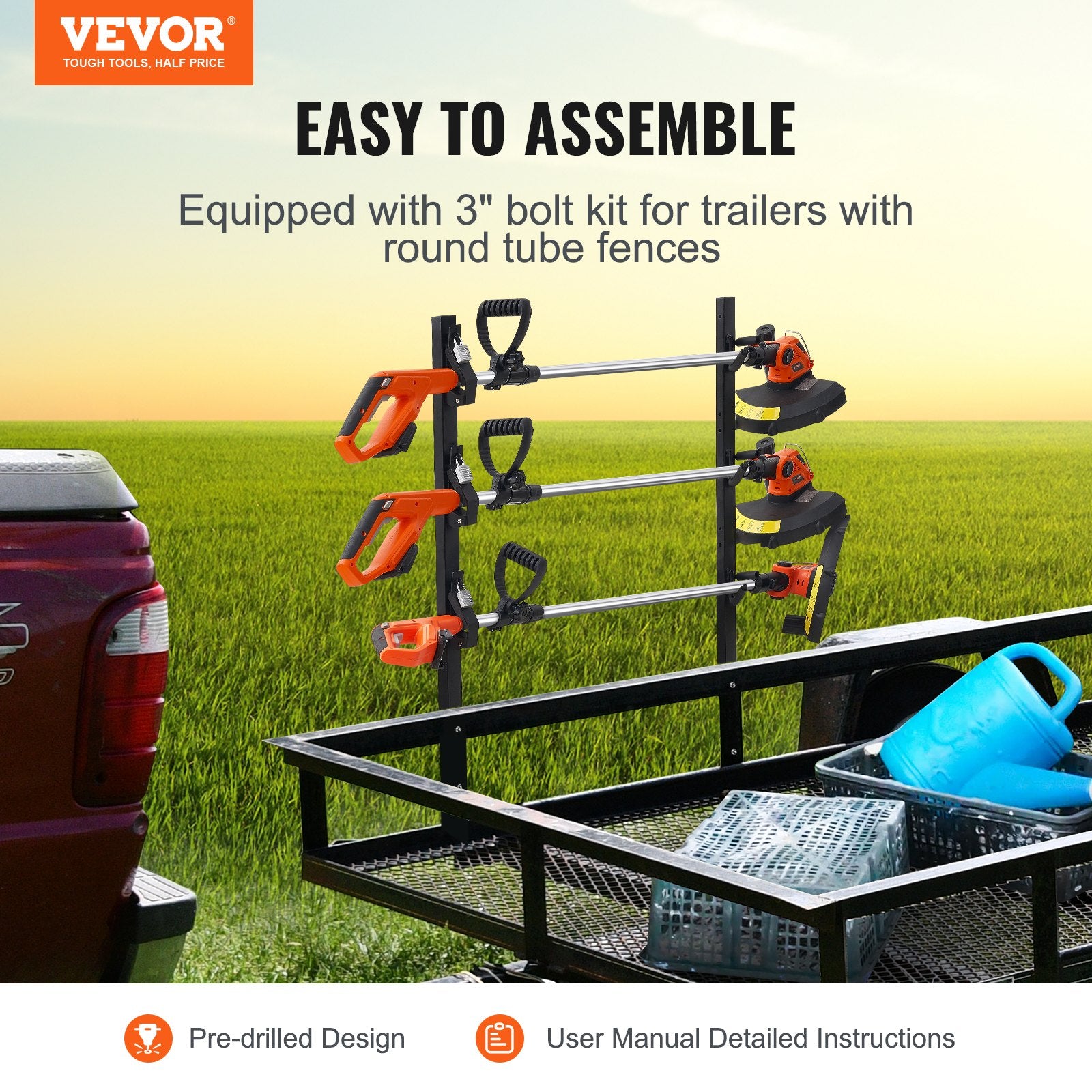 Trimmer Rack, 3 Place Weeder Trimmer Rack, Locking Trim Holder Landscape Trailer Rack Carrier Mount on Open Pickup/Trailer Enclosed Trailers, Pair - Image 2