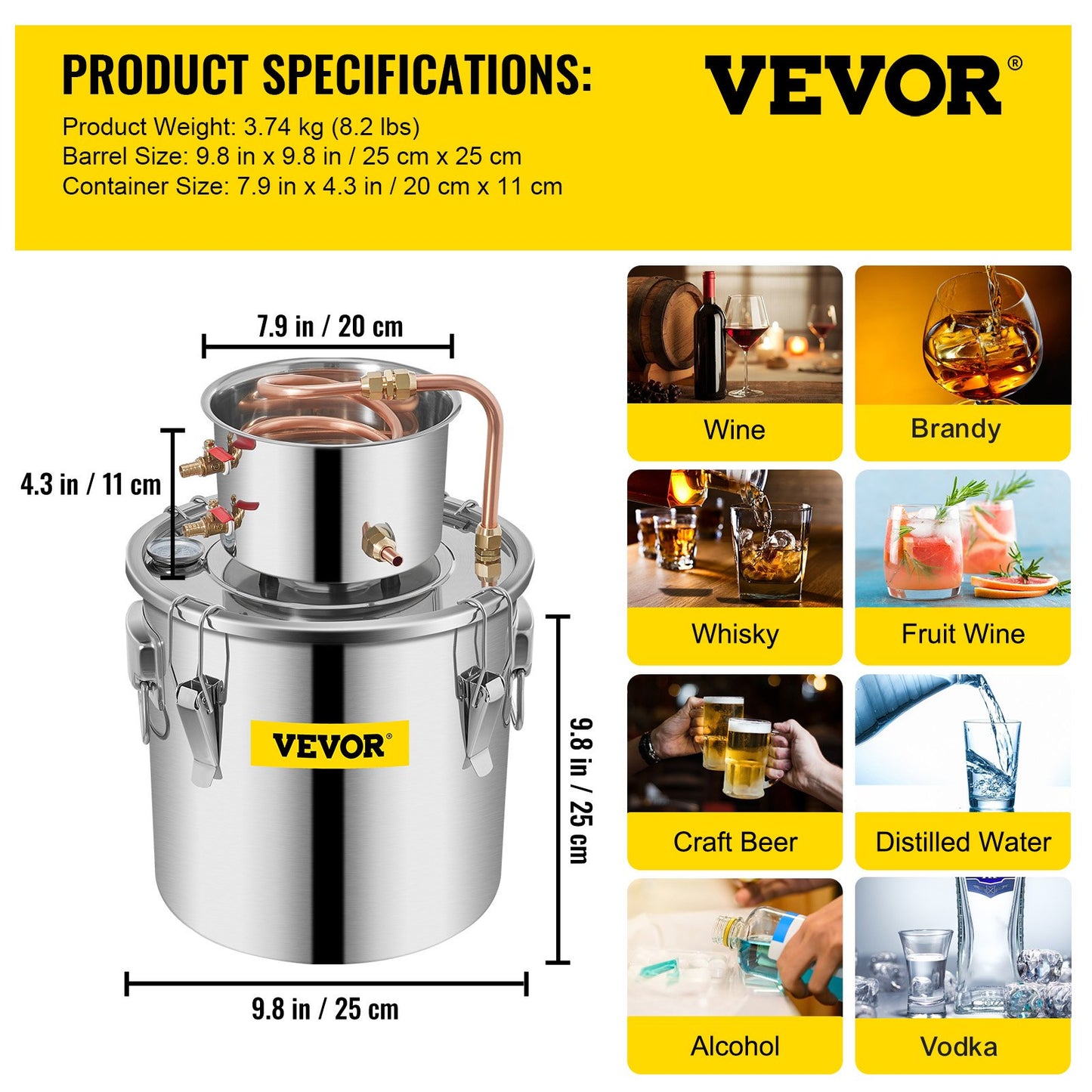 Moonshine Still 3 Gal 12L Stainless Steel Water Alcohol Distiller Copper Tube Home Brewing Kit Build-in Thermometer for DIY Whisky Wine Brandy, 3Gal, Sliver - Image 7