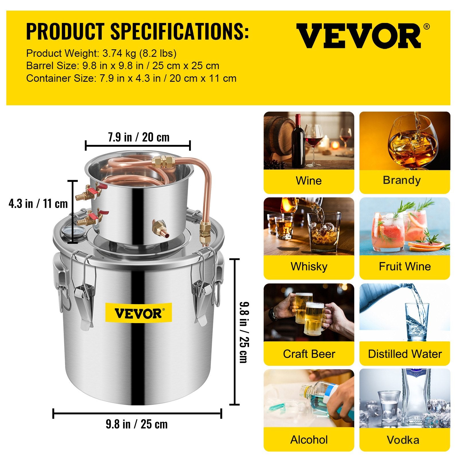 Moonshine Still 3 Gal 12L Stainless Steel Water Alcohol Distiller Copper Tube Home Brewing Kit Build-in Thermometer for DIY Whisky Wine Brandy, 3Gal, Sliver - Image 7
