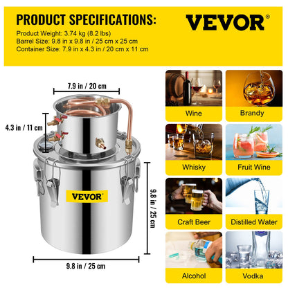 Moonshine Still 3 Gal 12L Stainless Steel Water Alcohol Distiller Copper Tube Home Brewing Kit Build-in Thermometer for DIY Whisky Wine Brandy, 3Gal, Sliver - Image 7