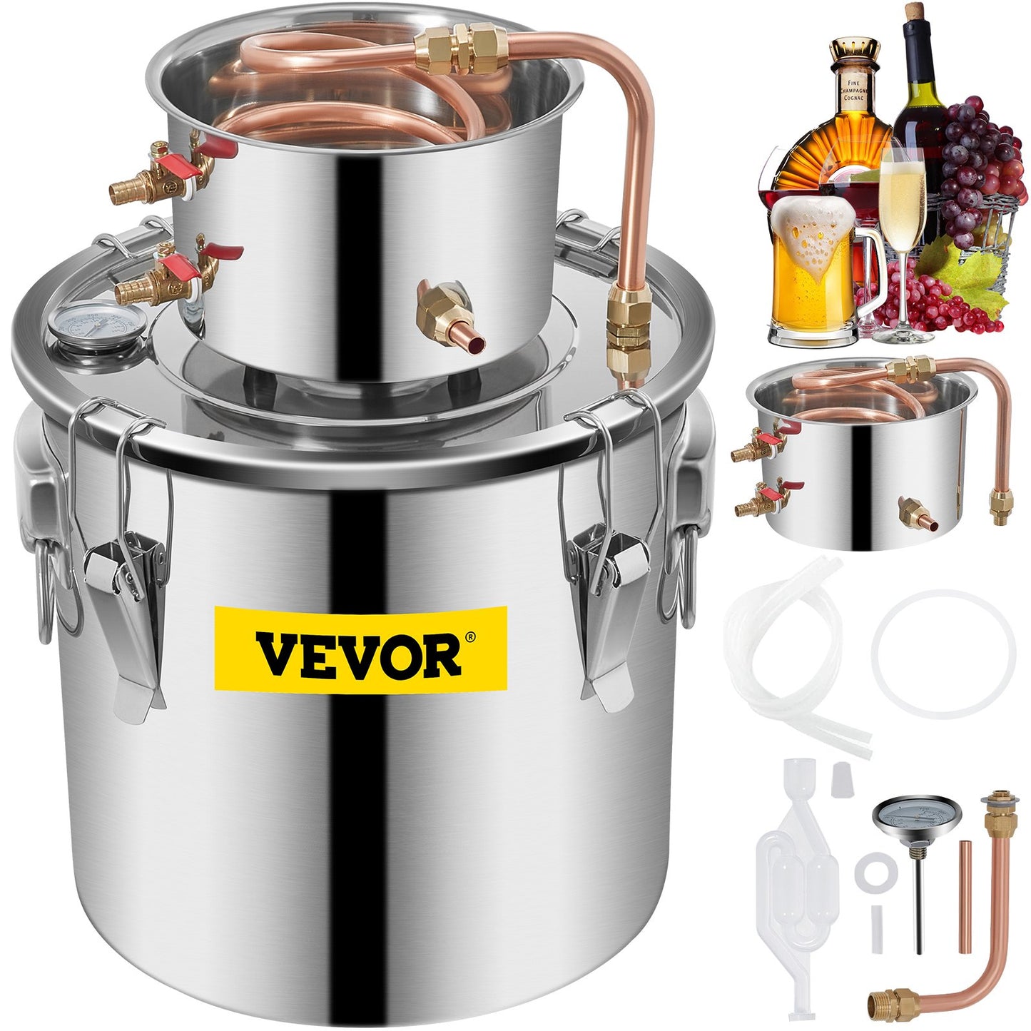 Moonshine Still 5 Gal 21L Stainless Steel Water Alcohol Distiller Copper Tube Home Brewing Kit Build-in Thermometer for DIY Whisky Wine Brandy, 5Gal, Silver