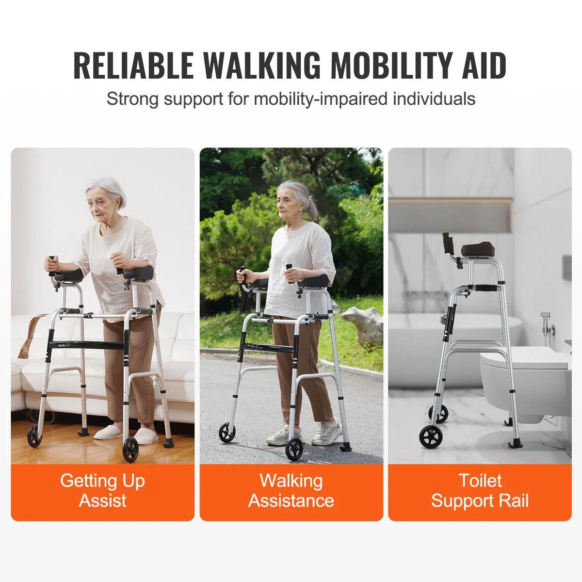 2 in 1 Folding Walker & Removable Armrests, Height Adjustable Foldable Walker with 5" Solid Wheels, Lightweight Aluminum | Front Wheeled Mobility Aid for Elderly Handicapped Disabled, 450 Pounds - Image 6