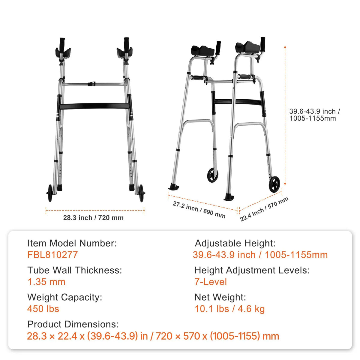2 in 1 Folding Walker & Removable Armrests, Height Adjustable Foldable Walker with 5" Solid Wheels, Lightweight Aluminum | Front Wheeled Mobility Aid for Elderly Handicapped Disabled, 450 Pounds - Image 7