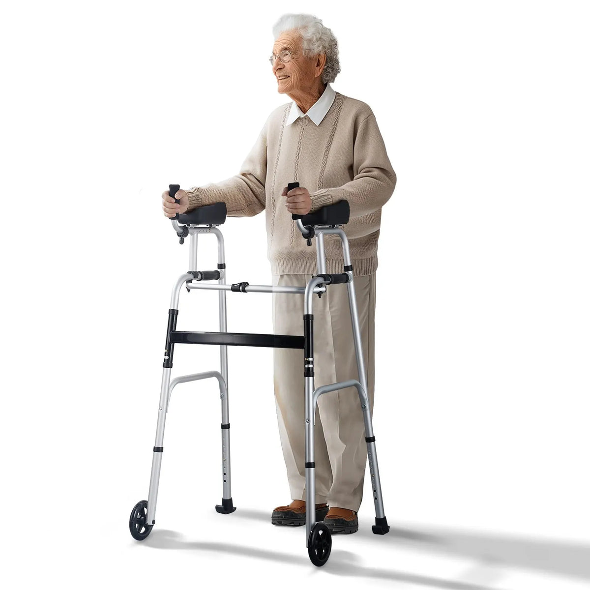 2 in 1 Folding Walker & Removable Armrests, Height Adjustable Foldable Walker with 5" Solid Wheels, Lightweight Aluminum | Front Wheeled Mobility Aid for Elderly Handicapped Disabled, 450 Pounds - Image 9