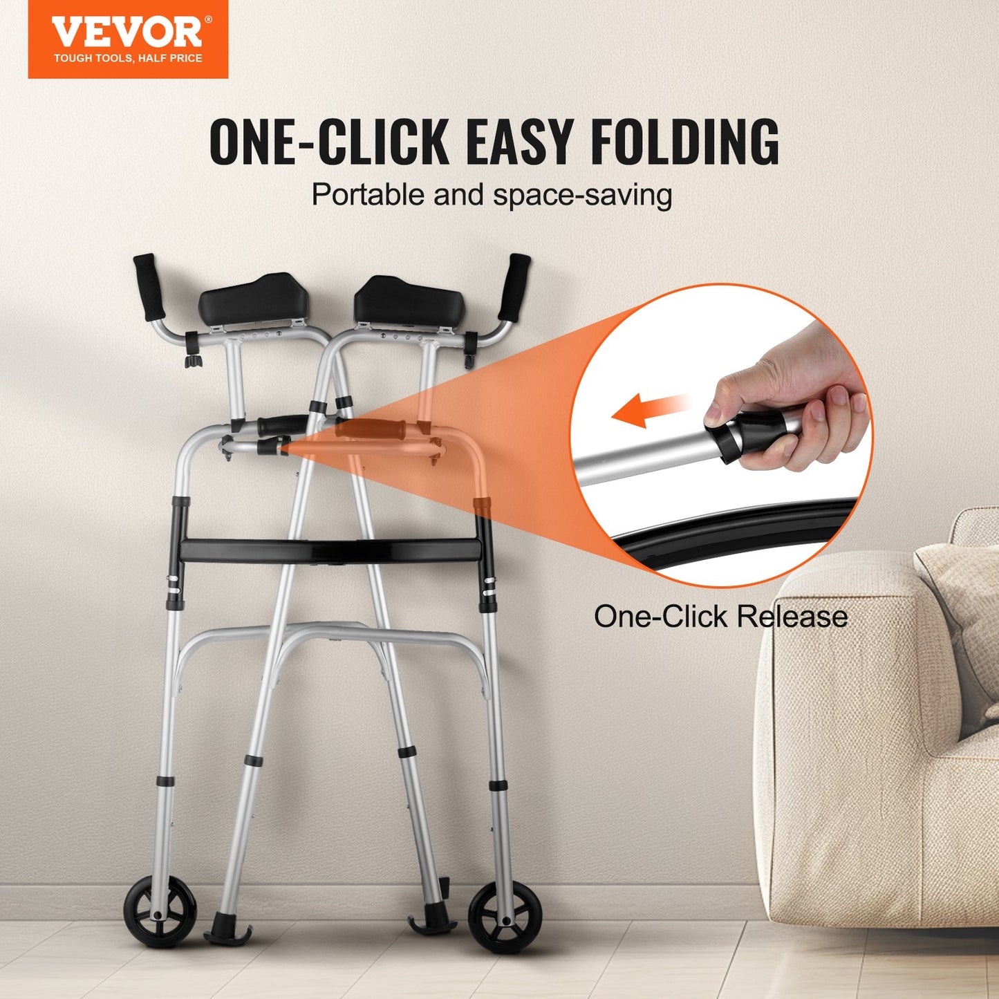 2 in 1 Folding Walker & Removable Armrests, Height Adjustable Foldable Walker with 5" Solid Wheels, Lightweight Aluminum | Front Wheeled Mobility Aid for Elderly Handicapped Disabled, 450 Pounds - Image 2