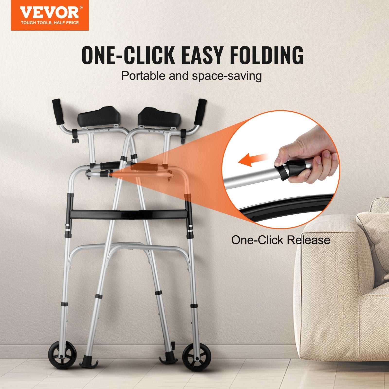 2 in 1 Folding Walker & Removable Armrests, Height Adjustable Foldable Walker with 5" Solid Wheels, Lightweight Aluminum | Front Wheeled Mobility Aid for Elderly Handicapped Disabled, 450 Pounds - Image 2