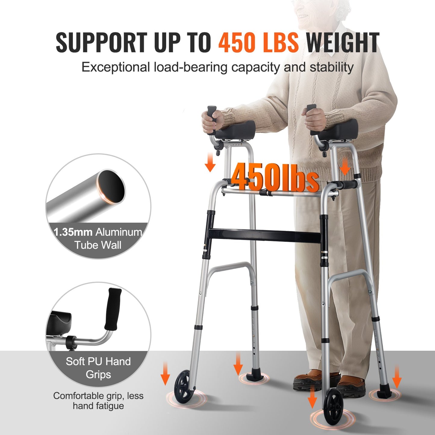2 in 1 Folding Walker & Removable Armrests, Height Adjustable Foldable Walker with 5" Solid Wheels, Lightweight Aluminum | Front Wheeled Mobility Aid for Elderly Handicapped Disabled, 450 Pounds - Image 3
