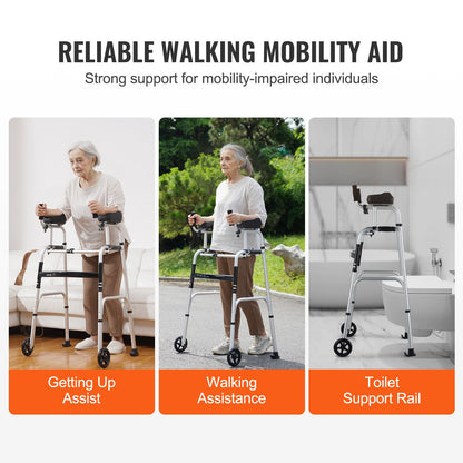 2 in 1 Folding Walker & Removable Armrests, Height Adjustable Foldable Walker with 5" Solid Wheels, Lightweight Aluminum | Front Wheeled Mobility Aid for Elderly Handicapped Disabled, 450 Pounds - Image 6