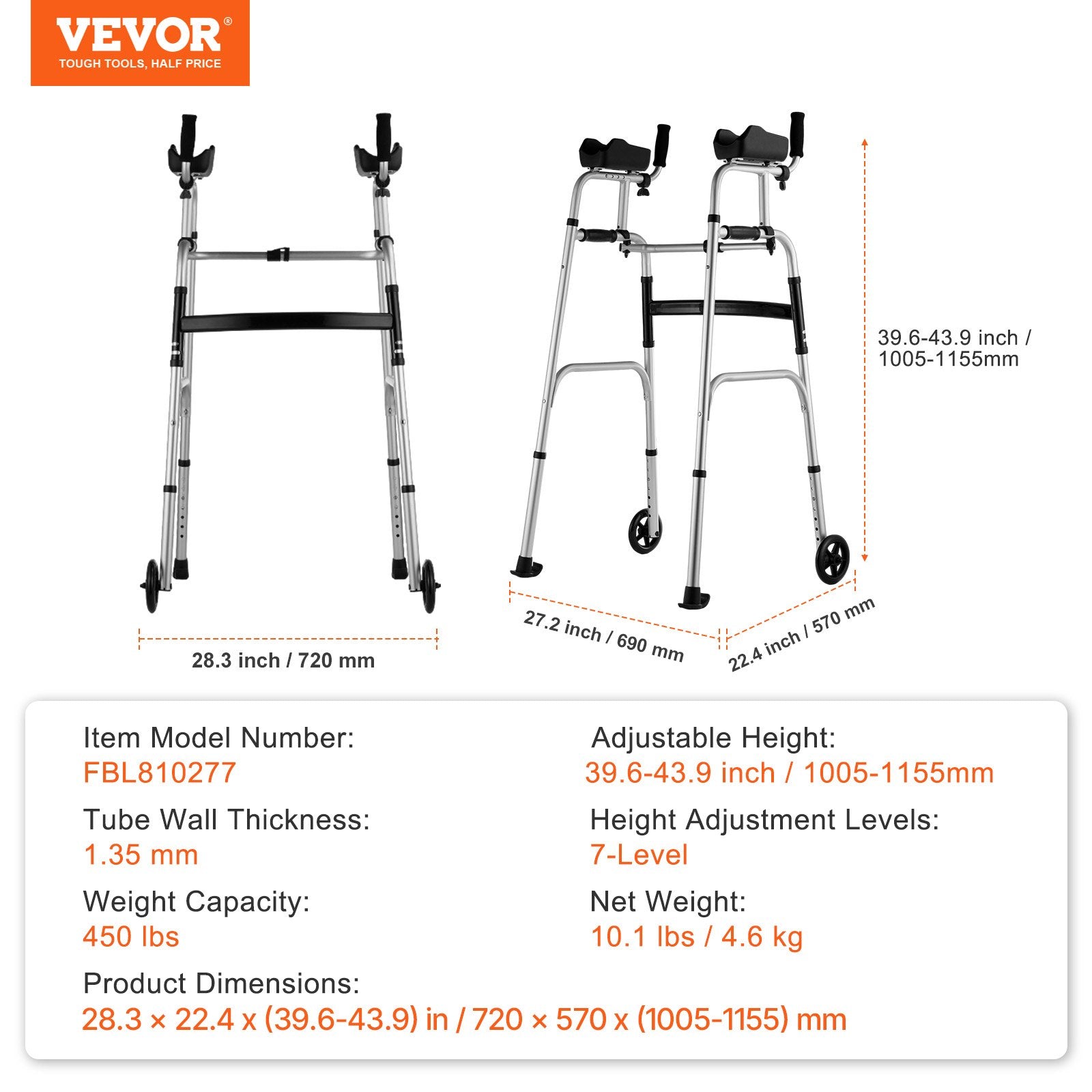 2 in 1 Folding Walker & Removable Armrests, Height Adjustable Foldable Walker with 5" Solid Wheels, Lightweight Aluminum | Front Wheeled Mobility Aid for Elderly Handicapped Disabled, 450 Pounds - Image 7
