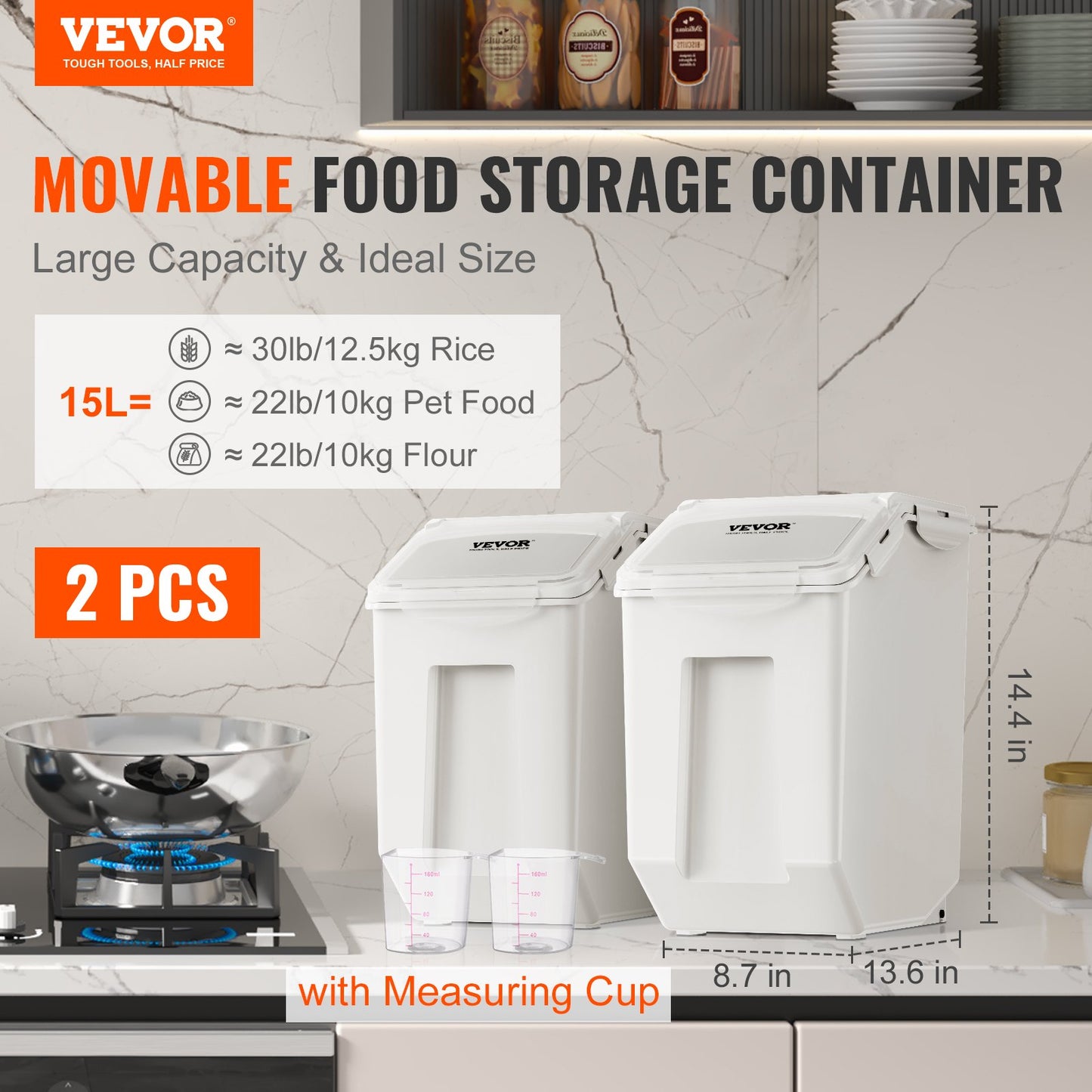 Ingredient Storage Bin, 2 x 15L Dispenser Bin with 2 Measuring Cups, Attachable Casters and Airtight Lid, 2 Pcs/Set Dog Pet Food Storage Container, PP Material Kitchen Rice Cereal Flour Bin - Image 2