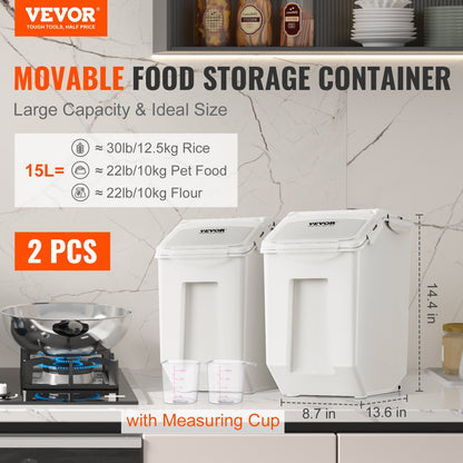 Ingredient Storage Bin, 2 x 15L Dispenser Bin with 2 Measuring Cups, Attachable Casters and Airtight Lid, 2 Pcs/Set Dog Pet Food Storage Container, PP Material Kitchen Rice Cereal Flour Bin - Image 2
