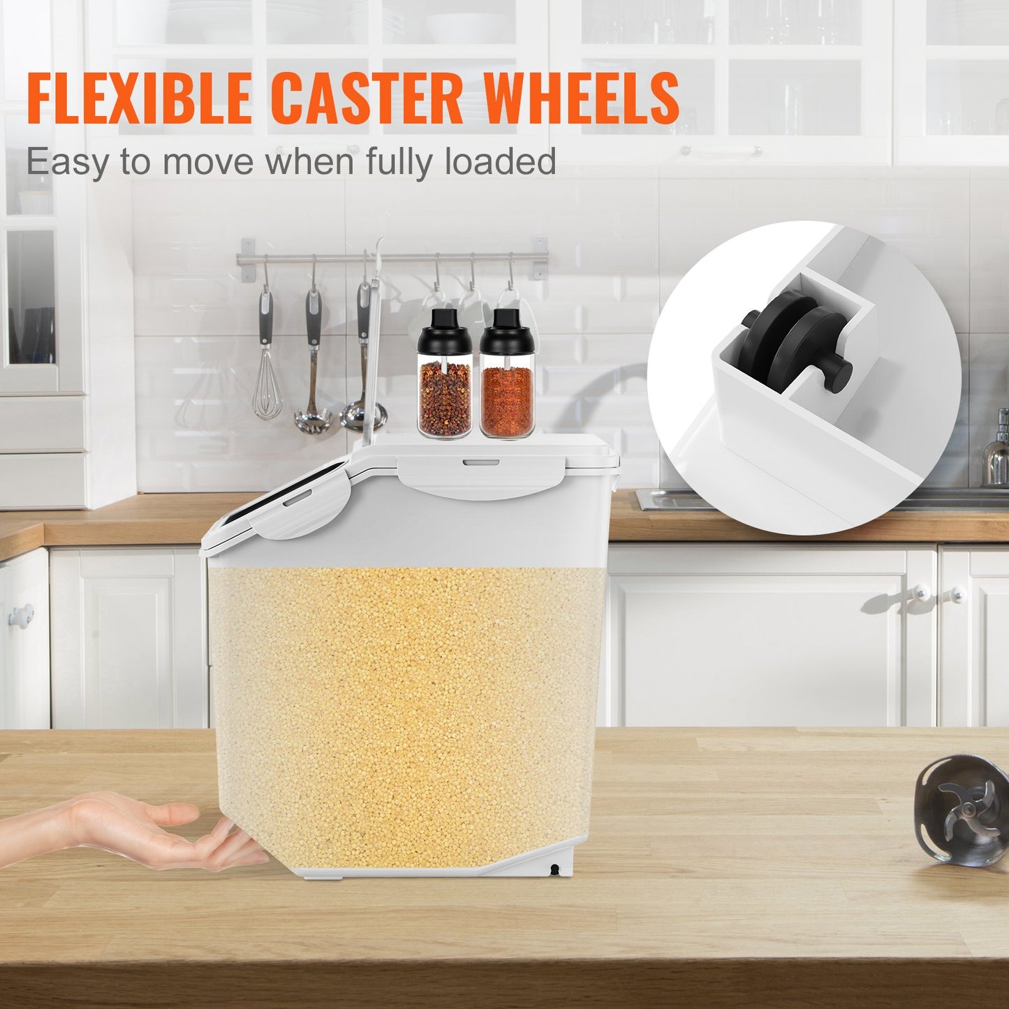 Ingredient Storage Bin, 2 x 15L Dispenser Bin with 2 Measuring Cups, Attachable Casters and Airtight Lid, 2 Pcs/Set Dog Pet Food Storage Container, PP Material Kitchen Rice Cereal Flour Bin - Image 5