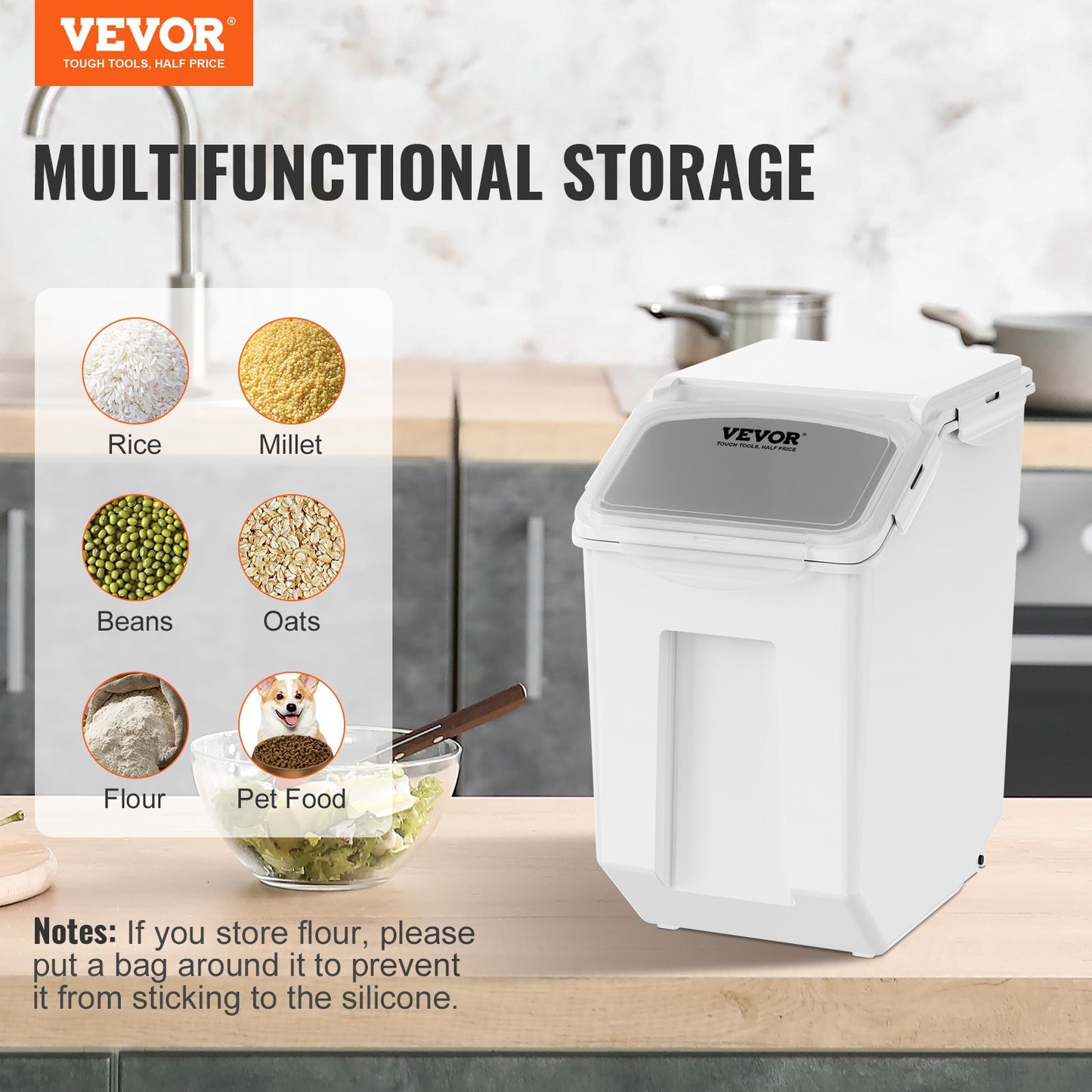 Ingredient Storage Bin, 2 x 15L Dispenser Bin with 2 Measuring Cups, Attachable Casters and Airtight Lid, 2 Pcs/Set Dog Pet Food Storage Container, PP Material Kitchen Rice Cereal Flour Bin - Image 7