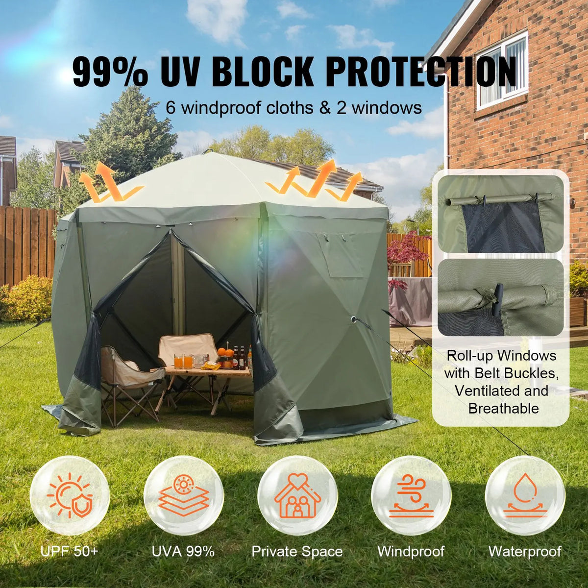 Pop Up Gazebo Tent, Pop-Up Screen Tent 6 Sided Canopy Sun Shelter with 6 Removable Privacy Wind Cloths & Mesh Windows, 10x10FT Quick Set Screen Tent with Mosquito Netting, Army Green - Image 2