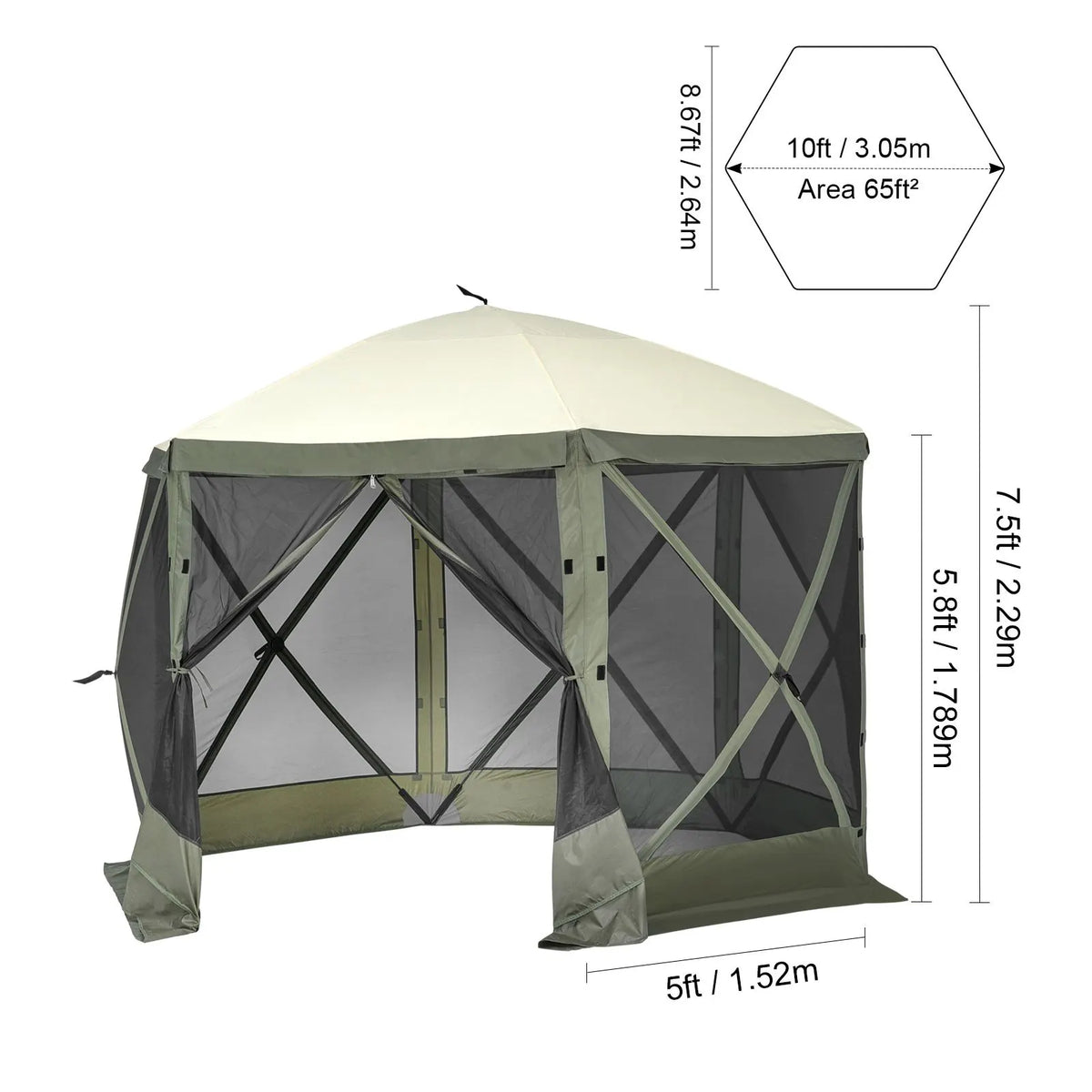 Pop Up Gazebo Tent, Pop-Up Screen Tent 6 Sided Canopy Sun Shelter with 6 Removable Privacy Wind Cloths & Mesh Windows, 10x10FT Quick Set Screen Tent with Mosquito Netting, Army Green - Image 8