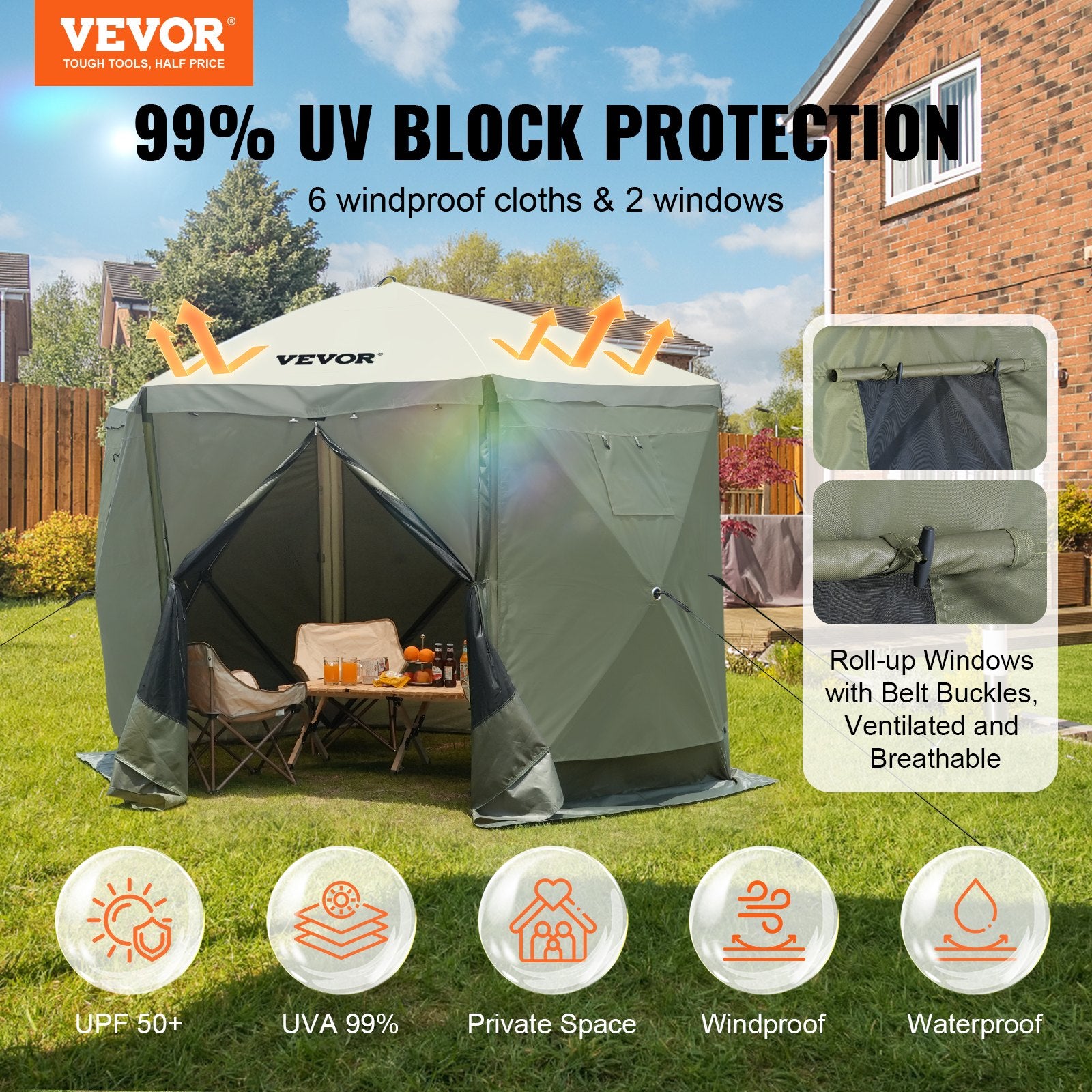 Pop Up Gazebo Tent, Pop-Up Screen Tent 6 Sided Canopy Sun Shelter with 6 Removable Privacy Wind Cloths & Mesh Windows, 10x10FT Quick Set Screen Tent with Mosquito Netting, Army Green - Image 2