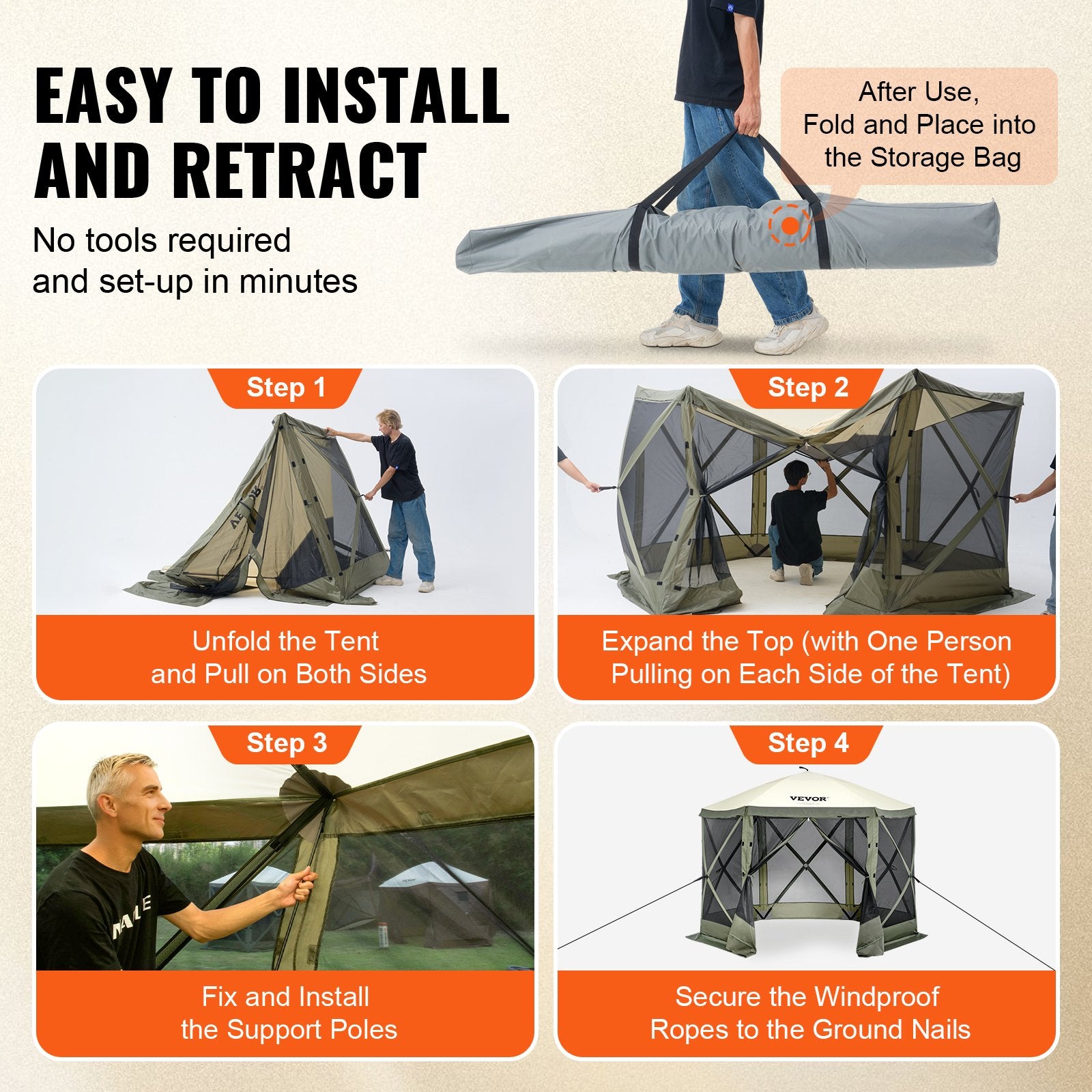 Pop Up Gazebo Tent, Pop-Up Screen Tent 6 Sided Canopy Sun Shelter with 6 Removable Privacy Wind Cloths & Mesh Windows, 10x10FT Quick Set Screen Tent with Mosquito Netting, Army Green - Image 5