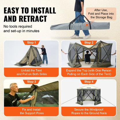 Pop Up Gazebo Tent, Pop-Up Screen Tent 6 Sided Canopy Sun Shelter with 6 Removable Privacy Wind Cloths & Mesh Windows, 10x10FT Quick Set Screen Tent with Mosquito Netting, Army Green - Image 5