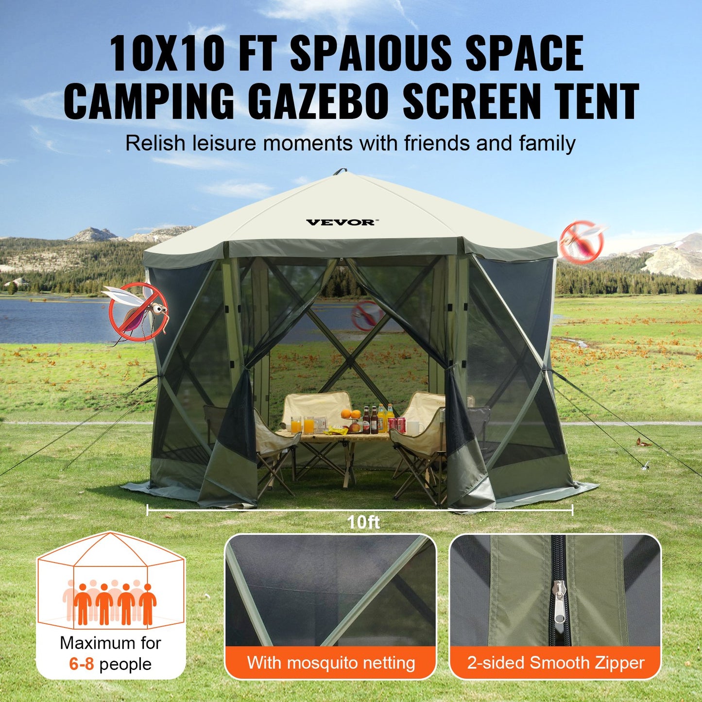 Pop Up Gazebo Tent, Pop-Up Screen Tent 6 Sided Canopy Sun Shelter with 6 Removable Privacy Wind Cloths & Mesh Windows, 10x10FT Quick Set Screen Tent with Mosquito Netting, Army Green - Image 6
