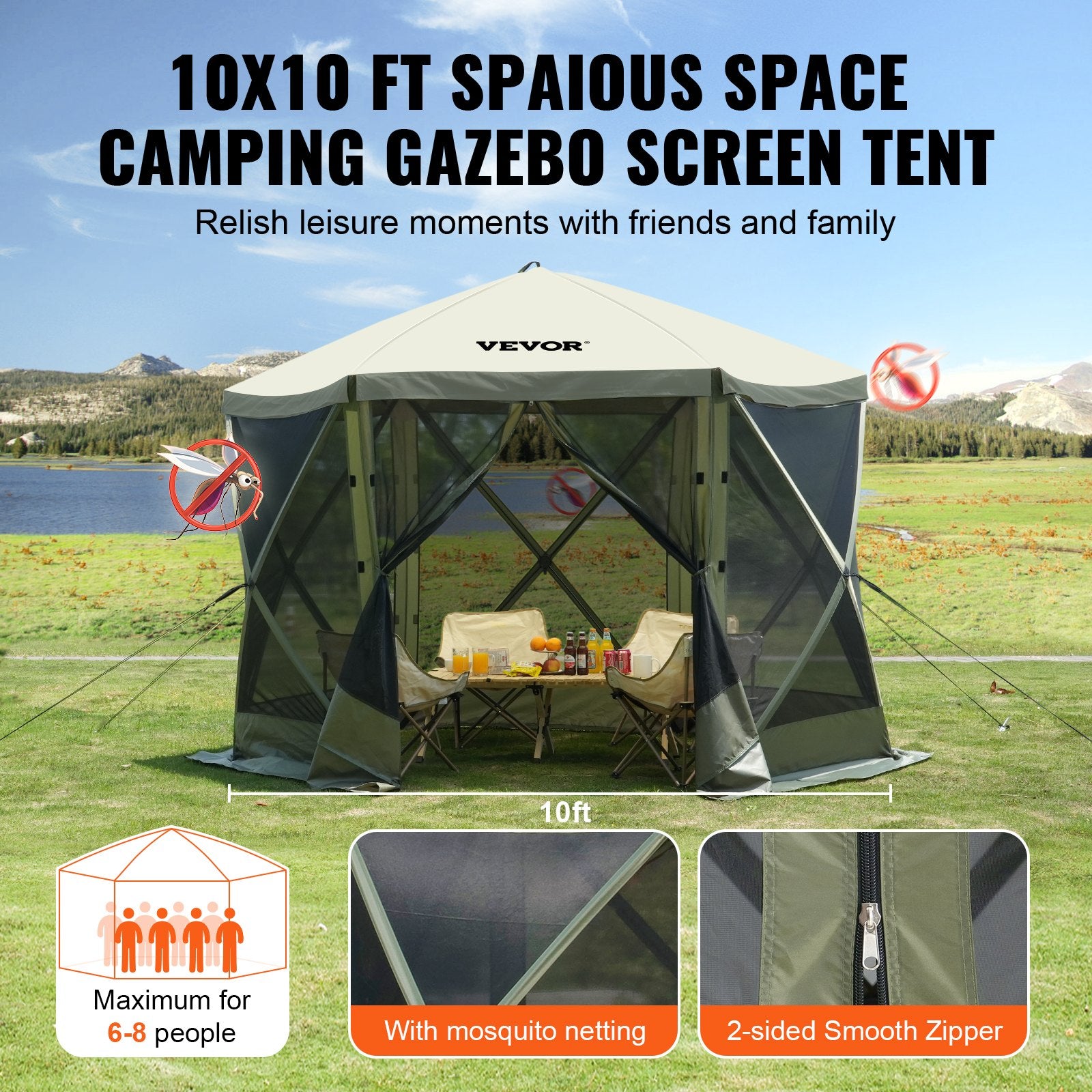 Pop Up Gazebo Tent, Pop-Up Screen Tent 6 Sided Canopy Sun Shelter with 6 Removable Privacy Wind Cloths & Mesh Windows, 10x10FT Quick Set Screen Tent with Mosquito Netting, Army Green - Image 6