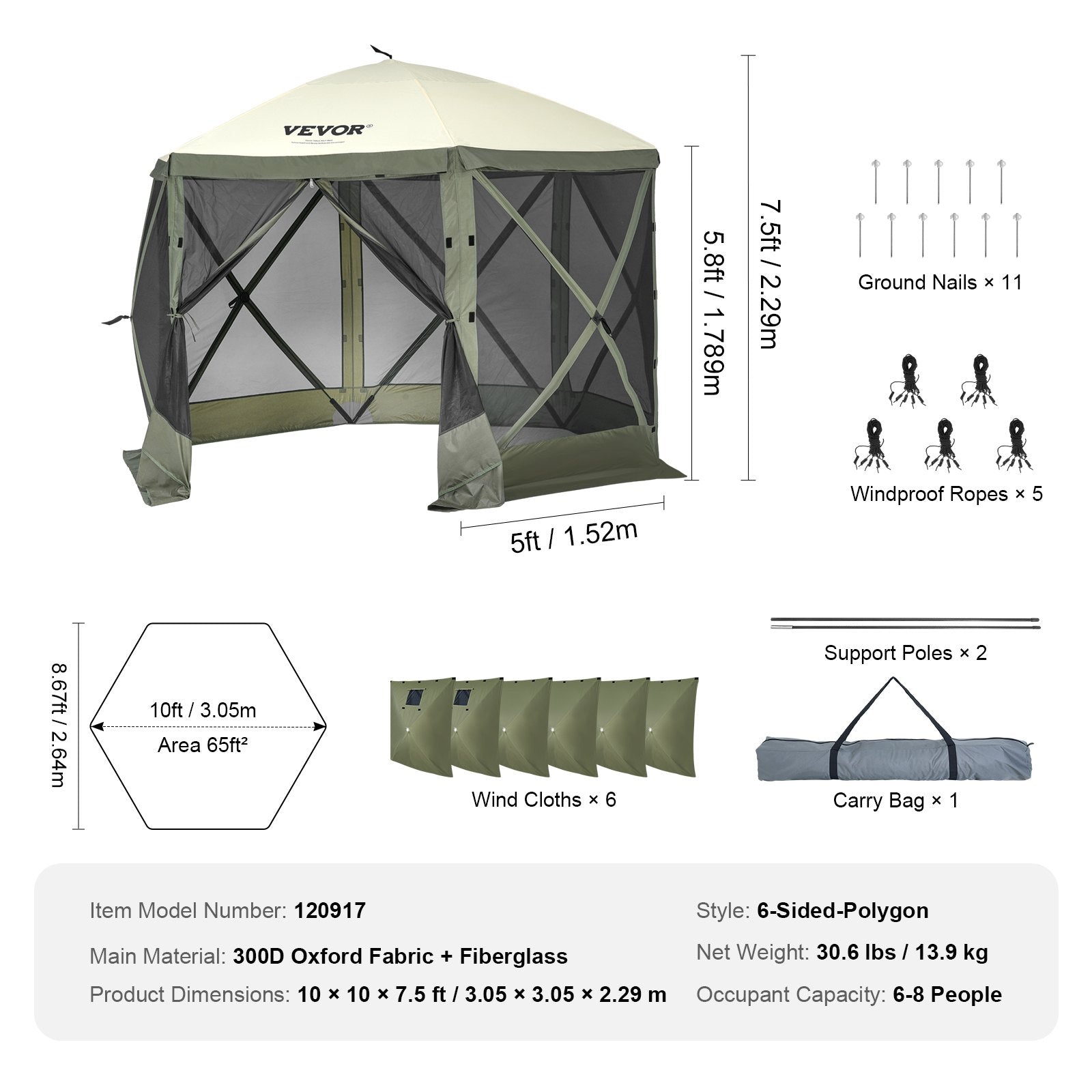 Pop Up Gazebo Tent, Pop-Up Screen Tent 6 Sided Canopy Sun Shelter with 6 Removable Privacy Wind Cloths & Mesh Windows, 10x10FT Quick Set Screen Tent with Mosquito Netting, Army Green - Image 7