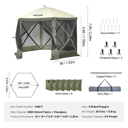 Pop Up Gazebo Tent, Pop-Up Screen Tent 6 Sided Canopy Sun Shelter with 6 Removable Privacy Wind Cloths & Mesh Windows, 10x10FT Quick Set Screen Tent with Mosquito Netting, Army Green - Image 7